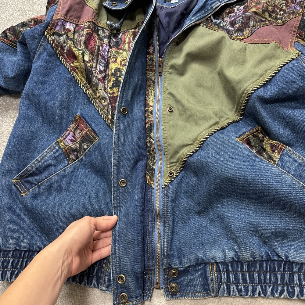 Vintage 80's 90's Women's Large Denim Bomber Jacket Patchwork Geometric Retro - Picture 5 of 9
